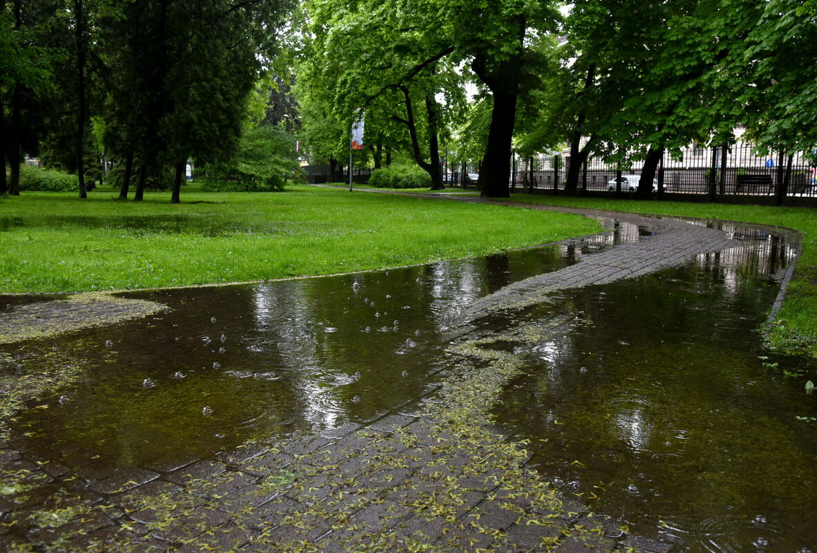 Lietus peļķes Vērmanes dārzā. Foto: LETA Lietus peļķes Vērmanes dārzā. Foto: LETA