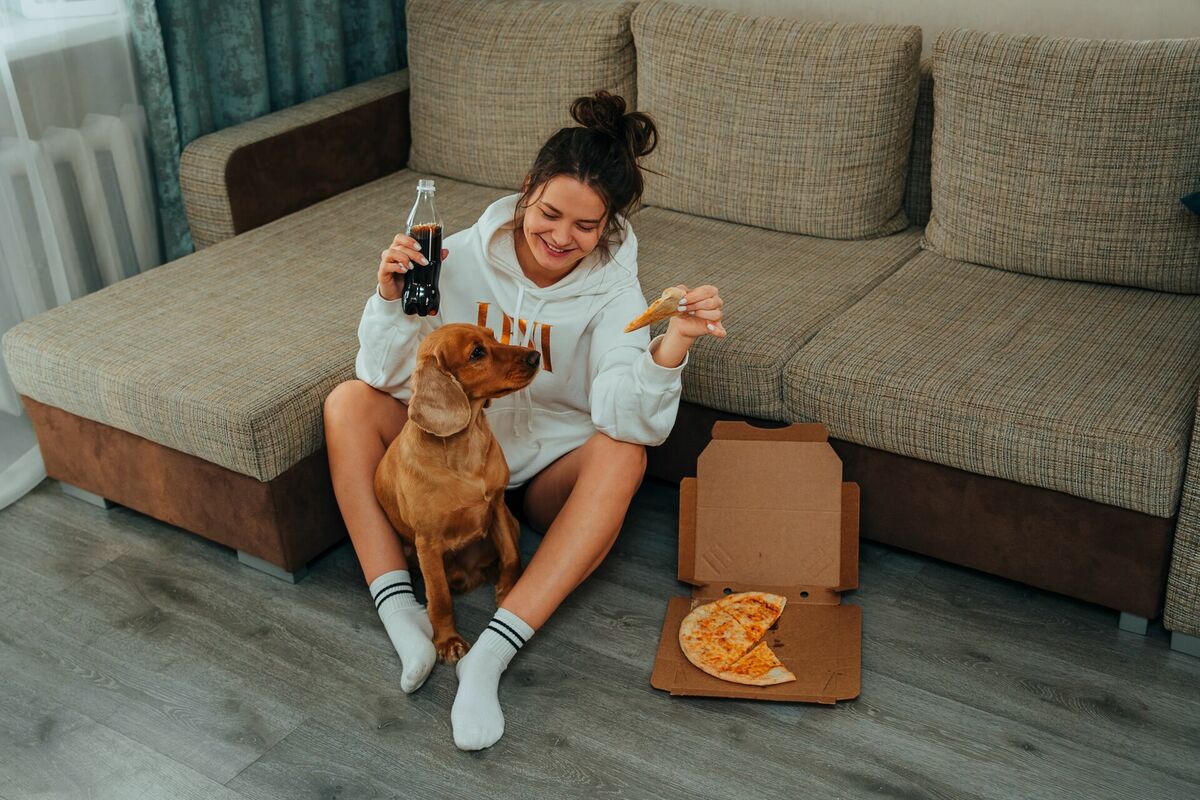 Suns, Photo by Ivan Babydov: https://www.pexels.com/photo/happy-woman-sitting-with-dog-and-eating-pizza-7788683/
