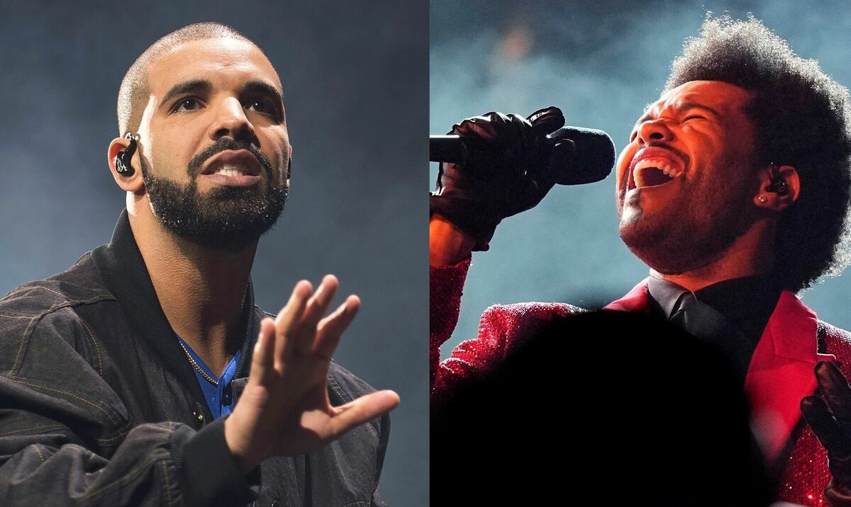 (no kreisās) reperis Drake un popmūzikas zvaigzne The Weeknd. Foto: AP/Scanpix