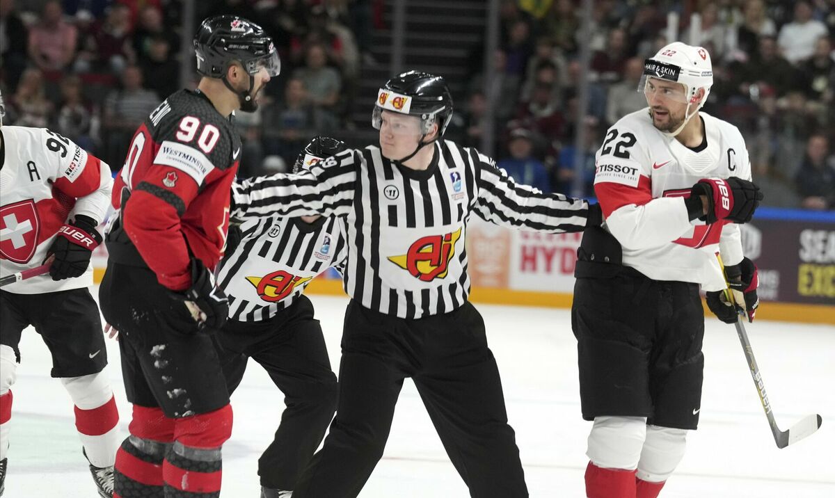 Hokejisti Veleno un Nīderraiters nevar sadalīt hokeja laukumu. Foto: AP/Scanpix