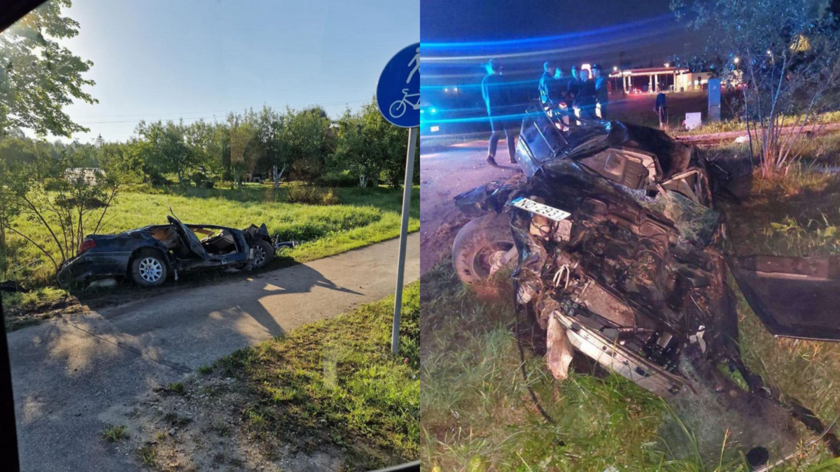 Aculiecinieku fotogrāfijas no negadījuma vietas Līvānos, kur nedēļas nogalē smagi avarēja BMW automašīna. Foto: Sadursme/Instagram