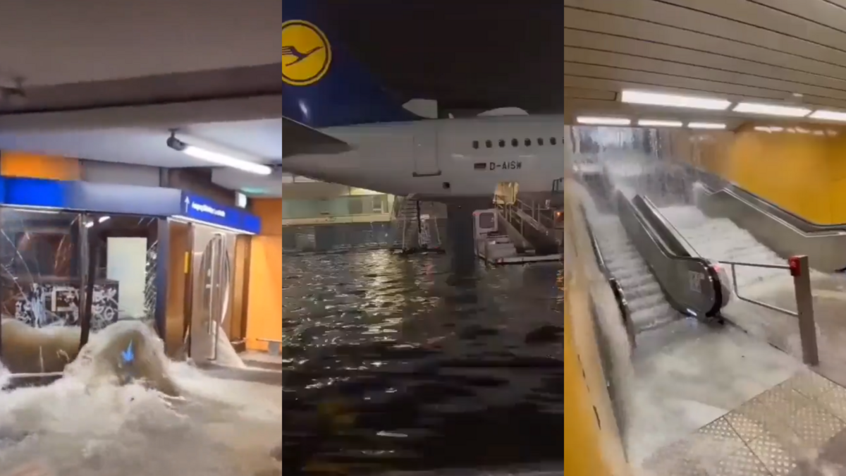 Spēcīga lietus dēļ Frankfurtē applūdusi lidosta un metro stacija. Foto: Ekrānuzņēmums no X/Twitter