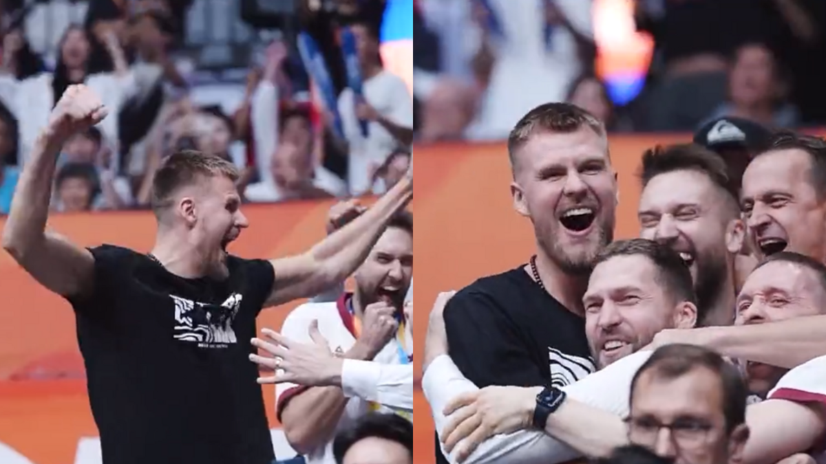 Basketbolists Kristaps Porziņģis Latvijas basketbola izlases spēlē pret Francijas valstsvienību. Foto: Ekrānuzņēmums no videoklipa