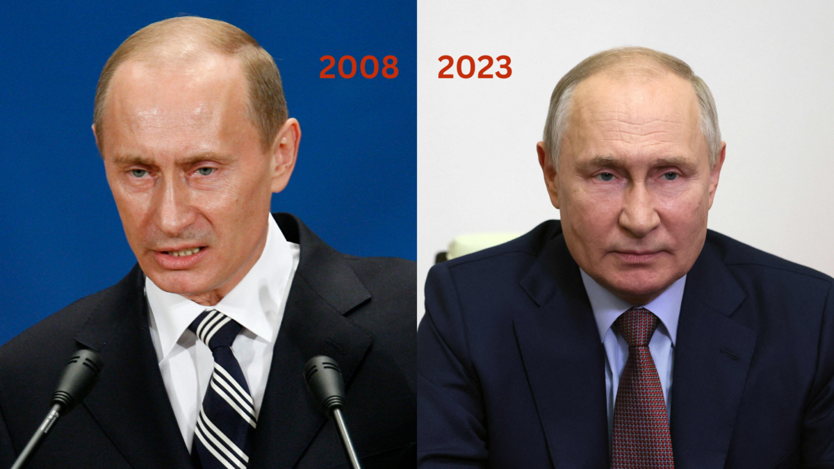 Vladimirs Putins 2008. un 2023. gadā. Foto: Mikhail Metzel