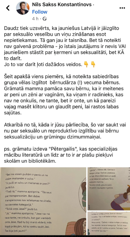 Pusaudžu psihoterapeita Nila Saksa Konstantinova publiski paustais viedokis par grāmatu. Foto: Ekrānšāviņš no facebook ieraksta