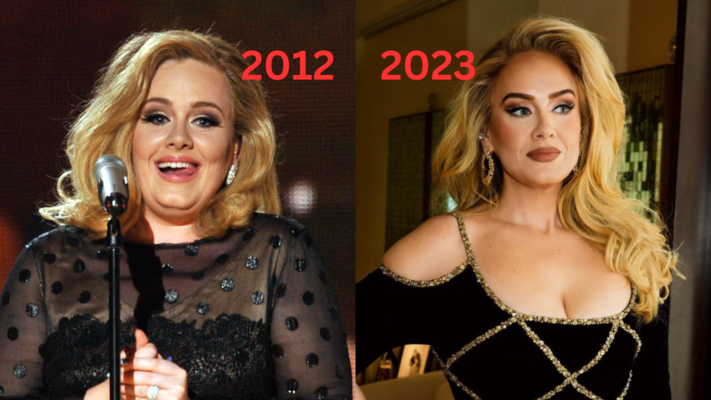 Dziedātāja Adele 2012. un 2023. gadā. Foto: Kevin Winter/Getty Images/Adele/Instagram