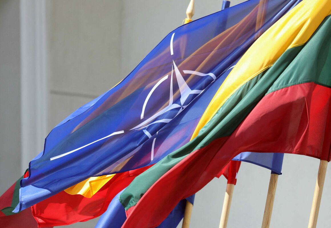 NATO un Lietuvas karogs. Foto: PETRAS MALUKAS / AFP / Scanpix