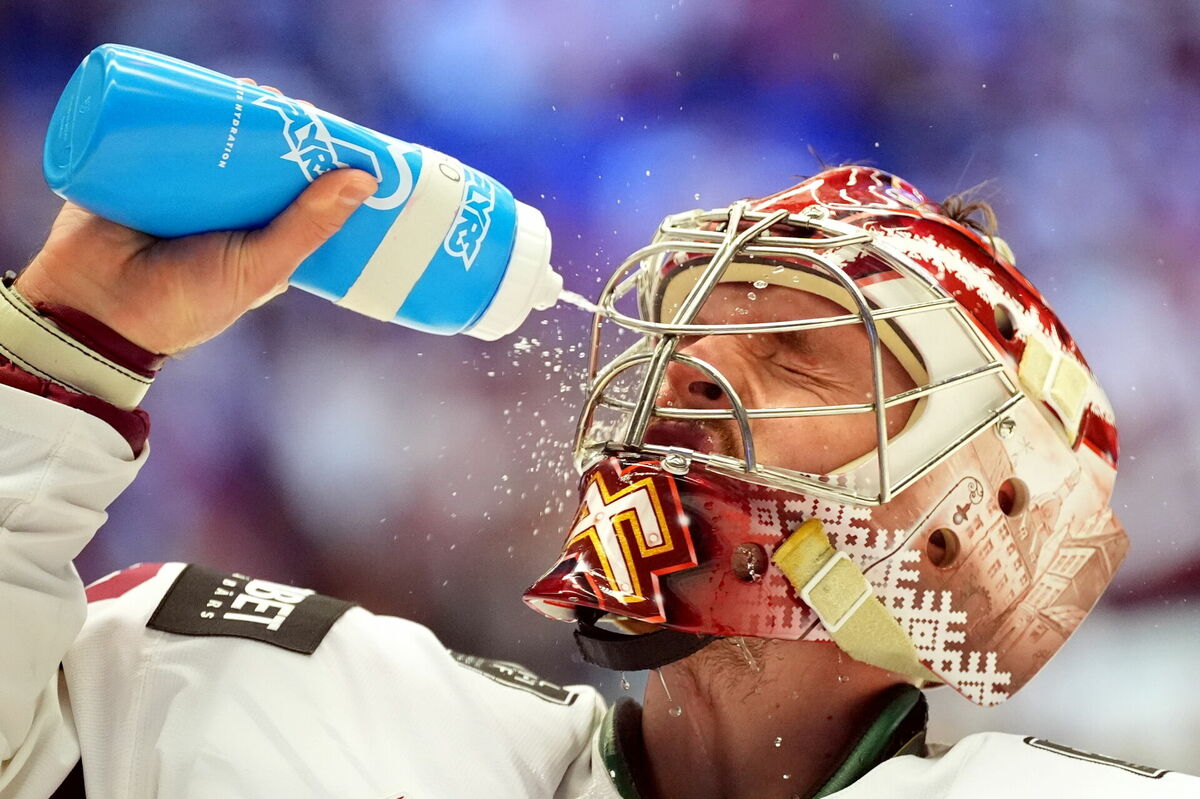 Latvijas hokeja izlases vārtsargs Kristers Gudļevskis. Foto: Edijs Pālens/LETA