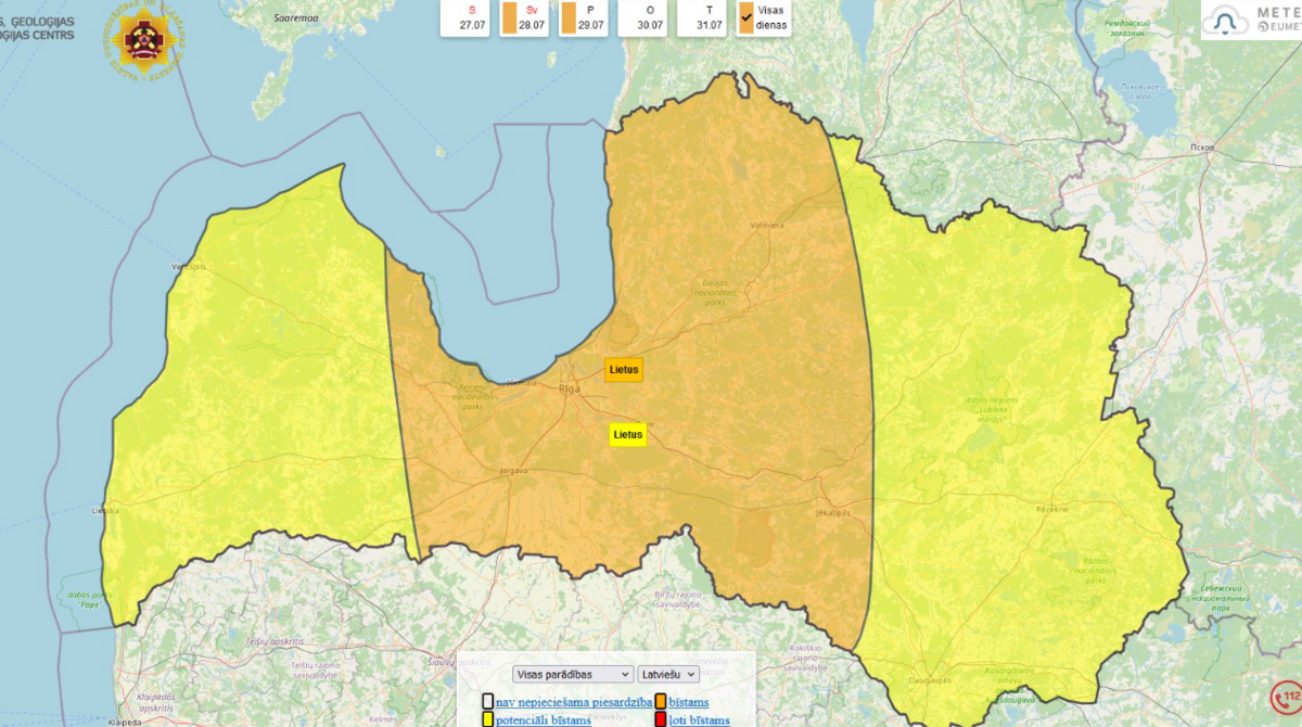 Oranžais brīdinājums. Foto: LVGMC