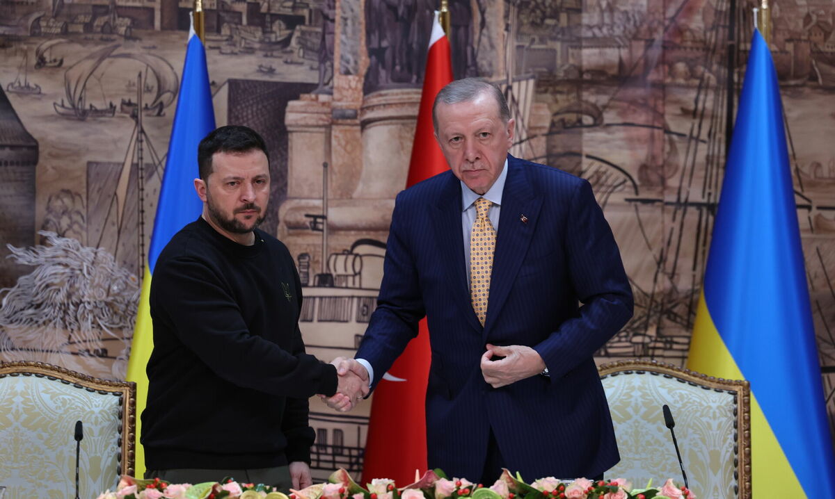 Volodimirs Zelenskis un Redžeps Tajips Erdogans. Foto: EPA/TOLGA BOZOGLU/Scanpix