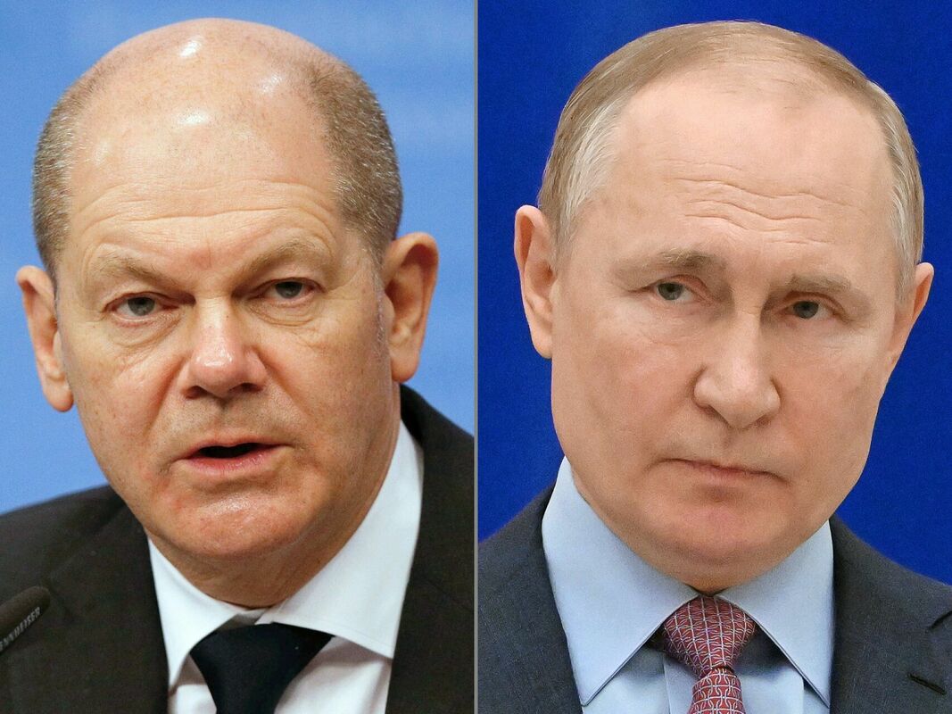 Olafs Šolcs, Vladimirs Putins. Foto: scanpix/JOHANNA GERON and Sergei GUNEYEV / various sources / AFP