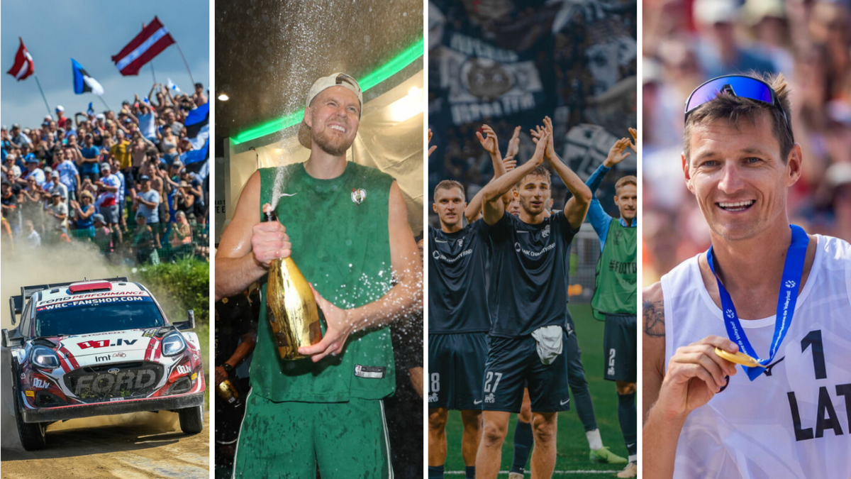 Mārtiņš Sesks/Renārs Francis, Kristaps Porziņģis, RFS futbolisti un Mārtiņš Pļaviņš. Foto: Jānis Asaris/USA Today/Iris van den Broek/Sanita Ieva Sparāne/RFS/EPA/LETA/Scanpix