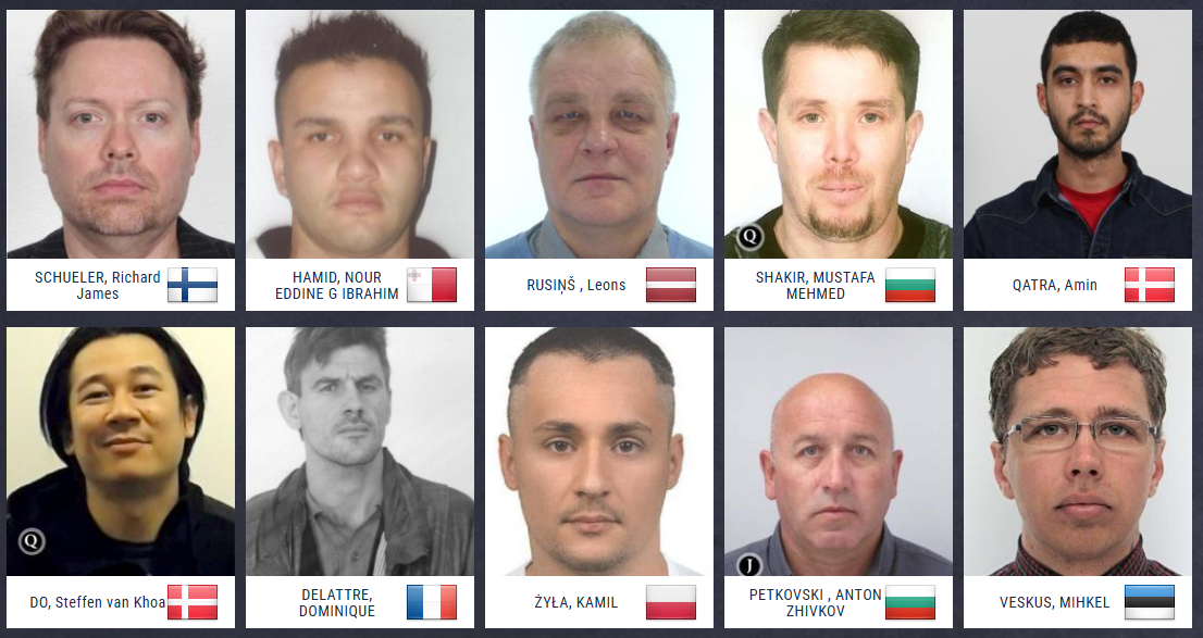 Foto: Ekrānšāviņš no "Europol" mājaslapas meklētāko noziedznieku saraksta