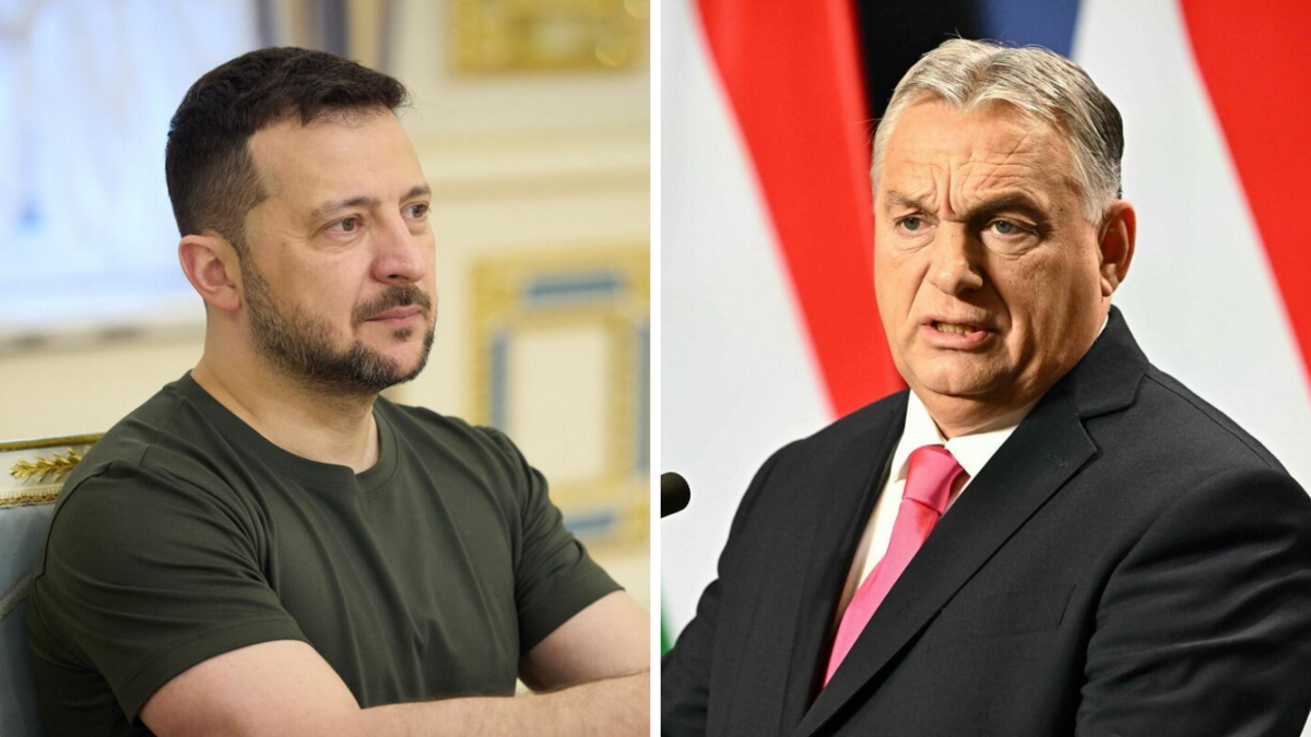 Ukrainas prezidents Volodimirs Zelenskis un Ungārijas premjerministrs Viktors Orbāns. Foto: UKRAINIAN PRESIDENTIAL PRESS / ATTILA KISBENEDEK / AF