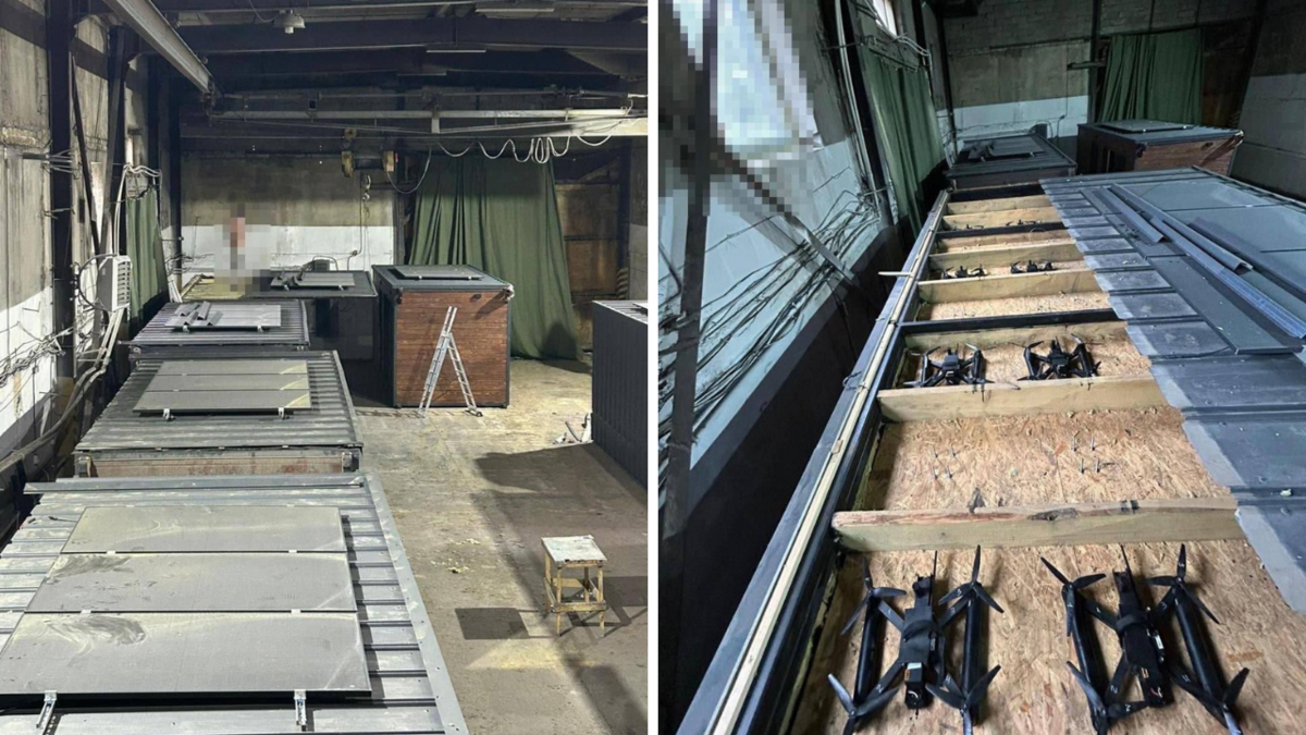 Karkasa mājas, kurās bija noslēpti Ukrainas droni. Foto: Ekrānuzņēmums no "X"