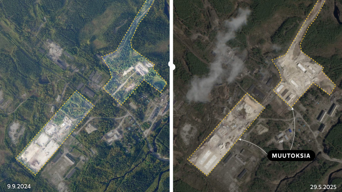 Satelītuzņēmumi no Kandalaškas pilsētas reģiona Krievijā, kur tiek veidots artilērijas garnizons Lupče-Savino. Foto: Ekrānuzņēmums no “Yle”.