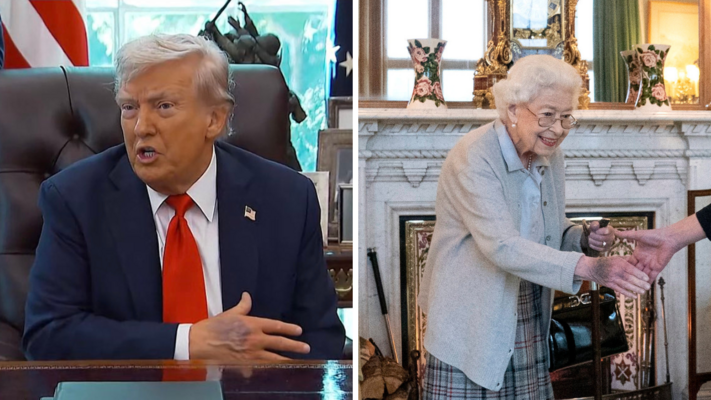 Donalds Tramps un karaliene Elizabete II. Foto: Ekrānuzņēmums no preses konferences/EPA/Andrew Milliga