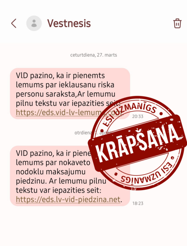 Krāpnieciskas ziņas piemērs. Foto: VID