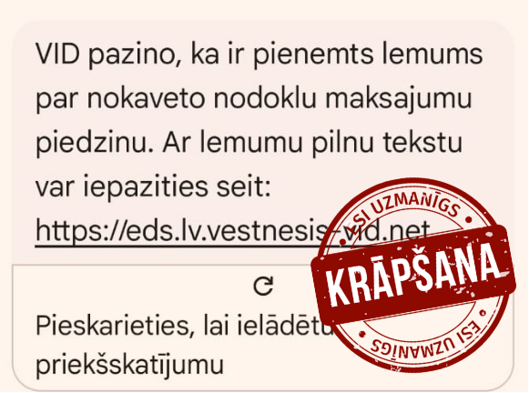Krāpnieciskas ziņas piemērs. Foto: VID