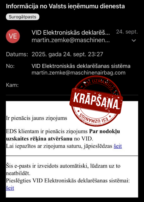 Krāpnieciskas ziņas piemērs. Foto: VID