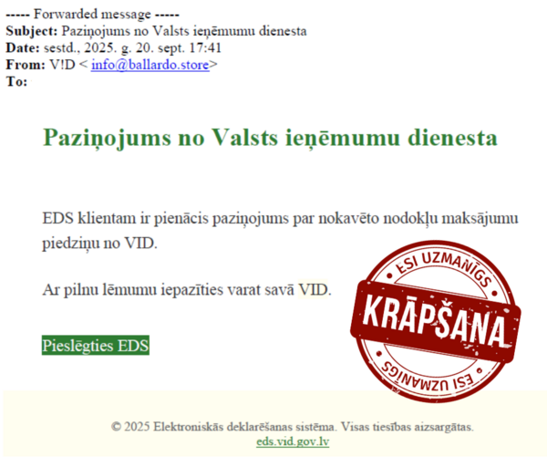 Krāpnieciskas ziņas piemērs. Foto: VID