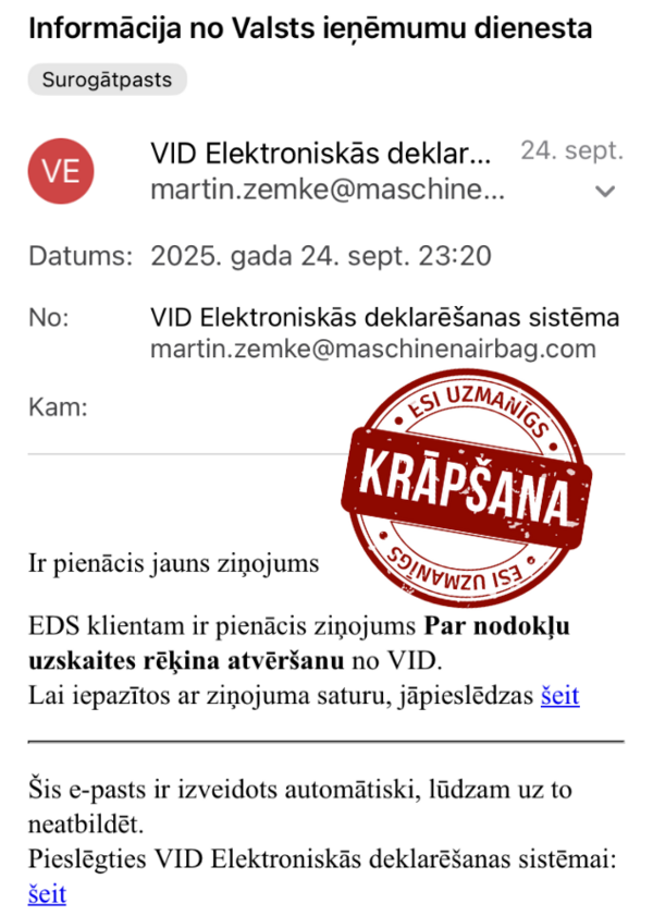 Krāpnieciskas ziņas piemērs. Foto: VID