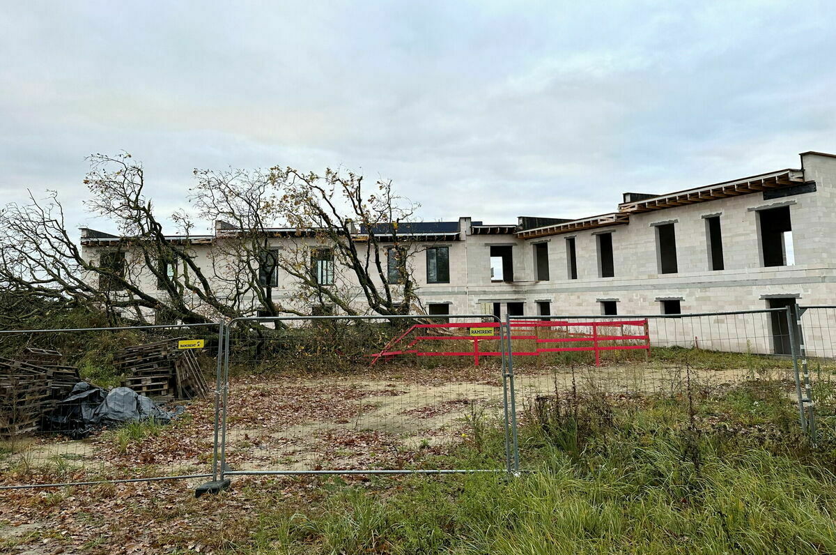 Rindu māju projekta “Dižozola nami” būvdarbu teritorija Mārupē, kur tika nozāģēts dižozols. Foto: Paula Čurkste/LETA