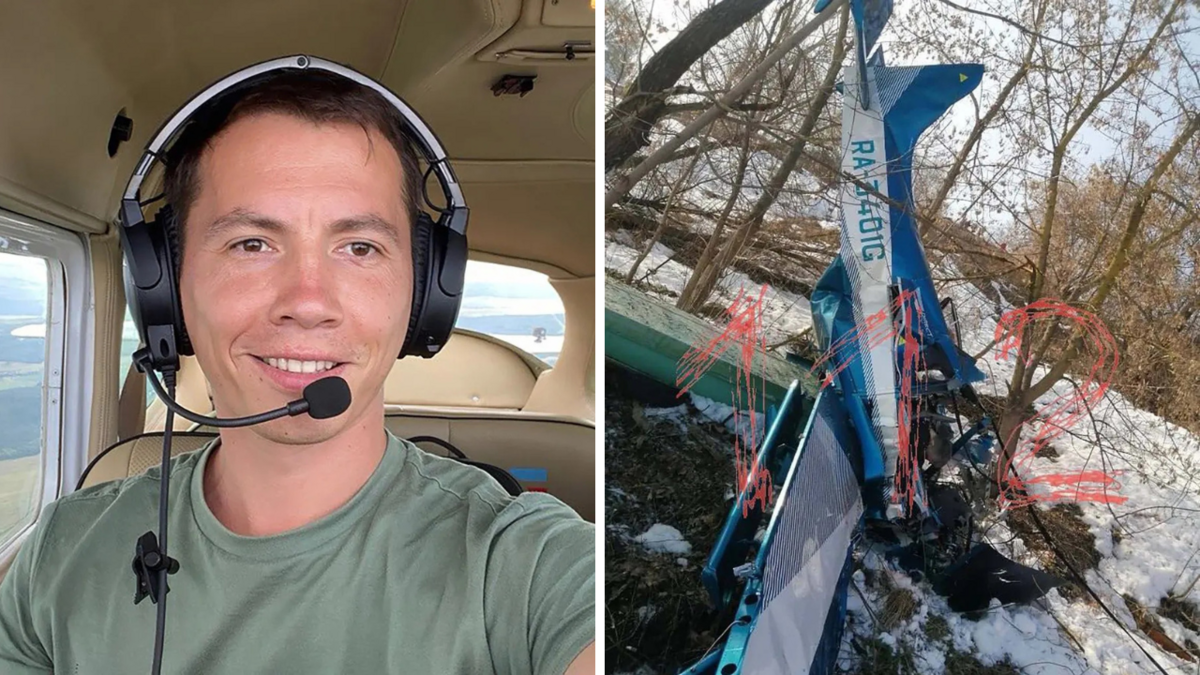 Pāvels Koškins un notriektā lidmašīna, kurā atradies viņš un vēl viens pasažieris. Foto: Ekrānuzņēmumi no "X"