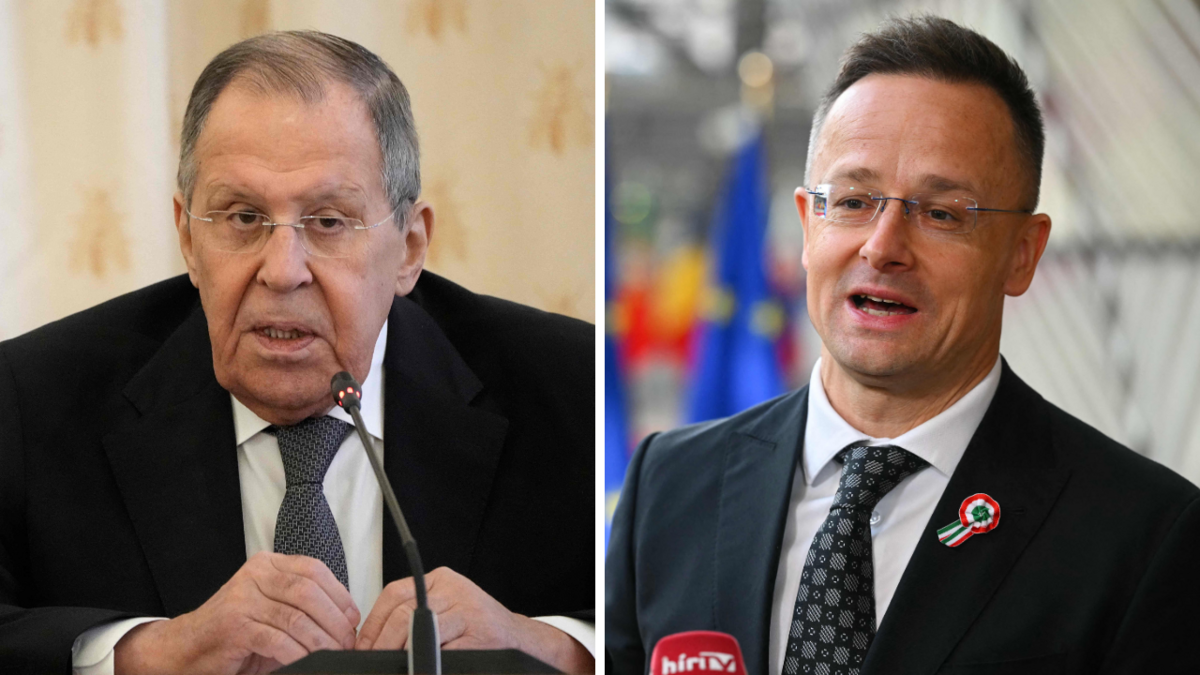 (no kreisās) Sergejs Lavrovs un Pēters Sijārto. Foto: Alexander Zemlianichenko / NICOLAS TUCAT / POOL / AFP