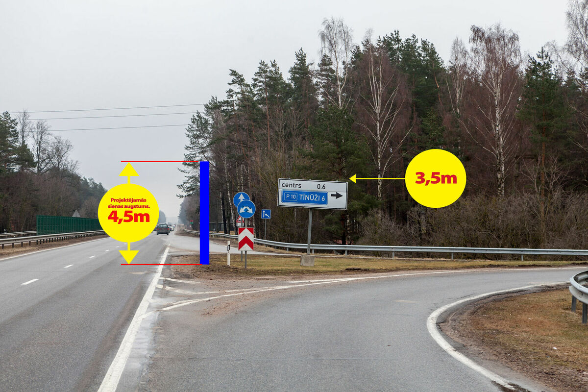A6 Riga-Daugavpils autoceļš nobrauktuve Ikšķile, projektētās sienas augstuma ilustrācija.